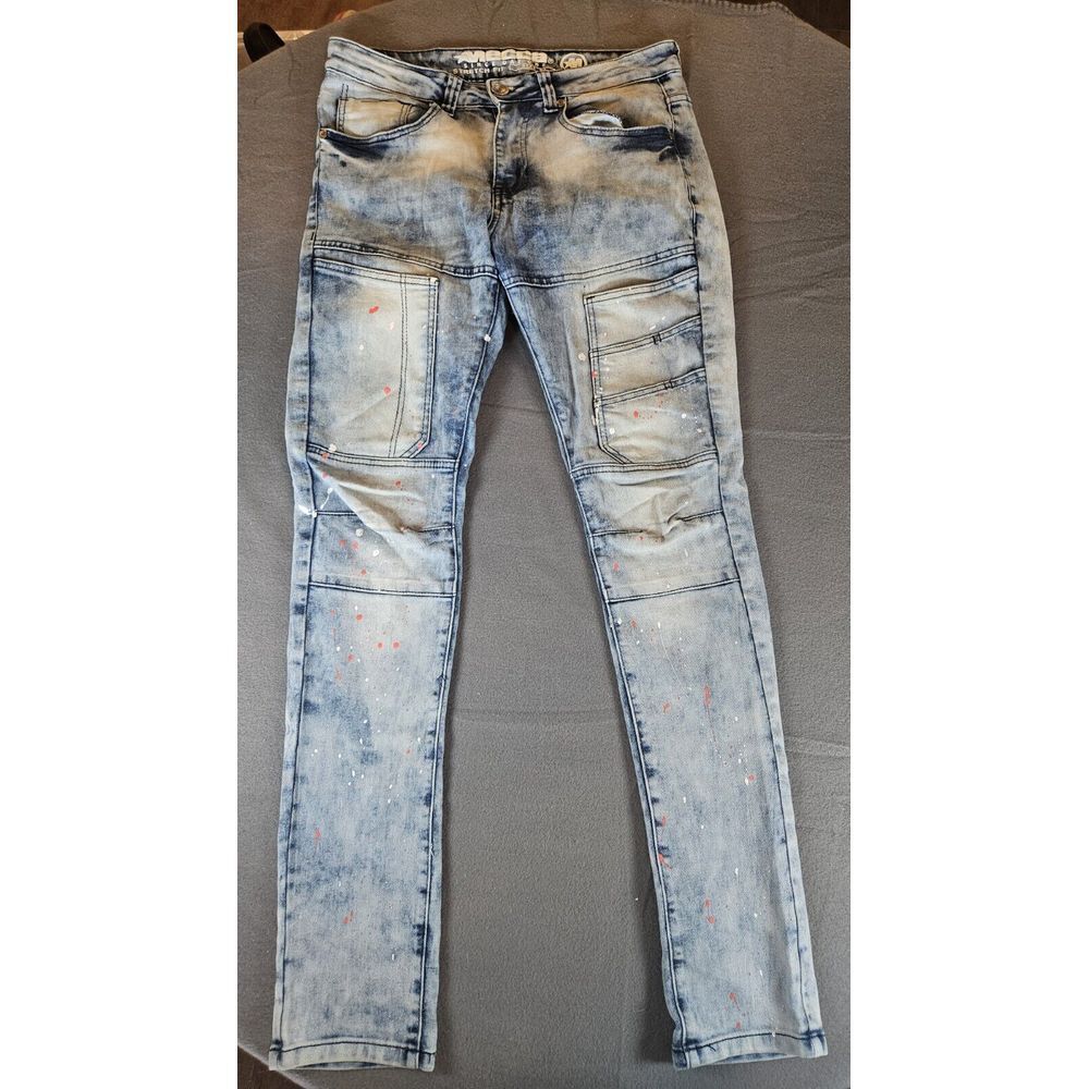 Mecca Jeans Stretch Fit Pants Mens Size 30 Skinny Wash Pockets Zip Pant Splatter